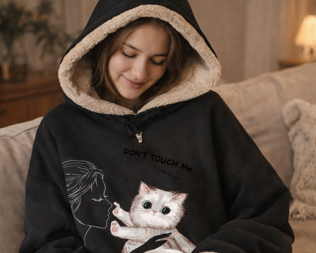 Women’s Cartoon Print Winter Hoodie – Thick Fleece Pullover