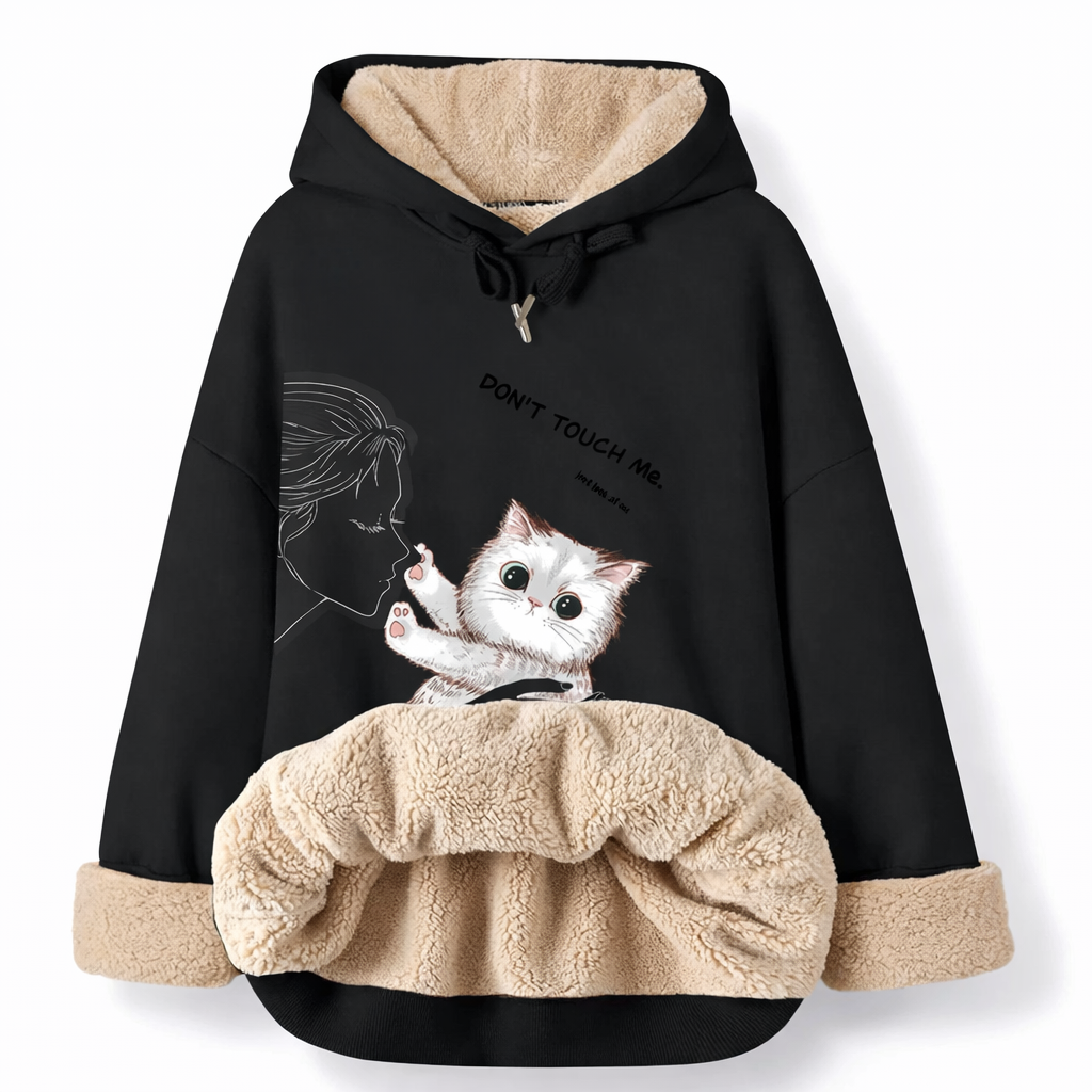 Black hoodie with a cat graphic and 'Don't touch me' text on a white background